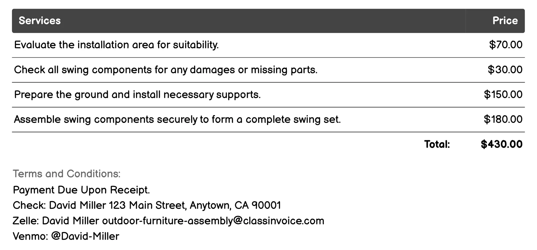 Swing Installation Invoice Example