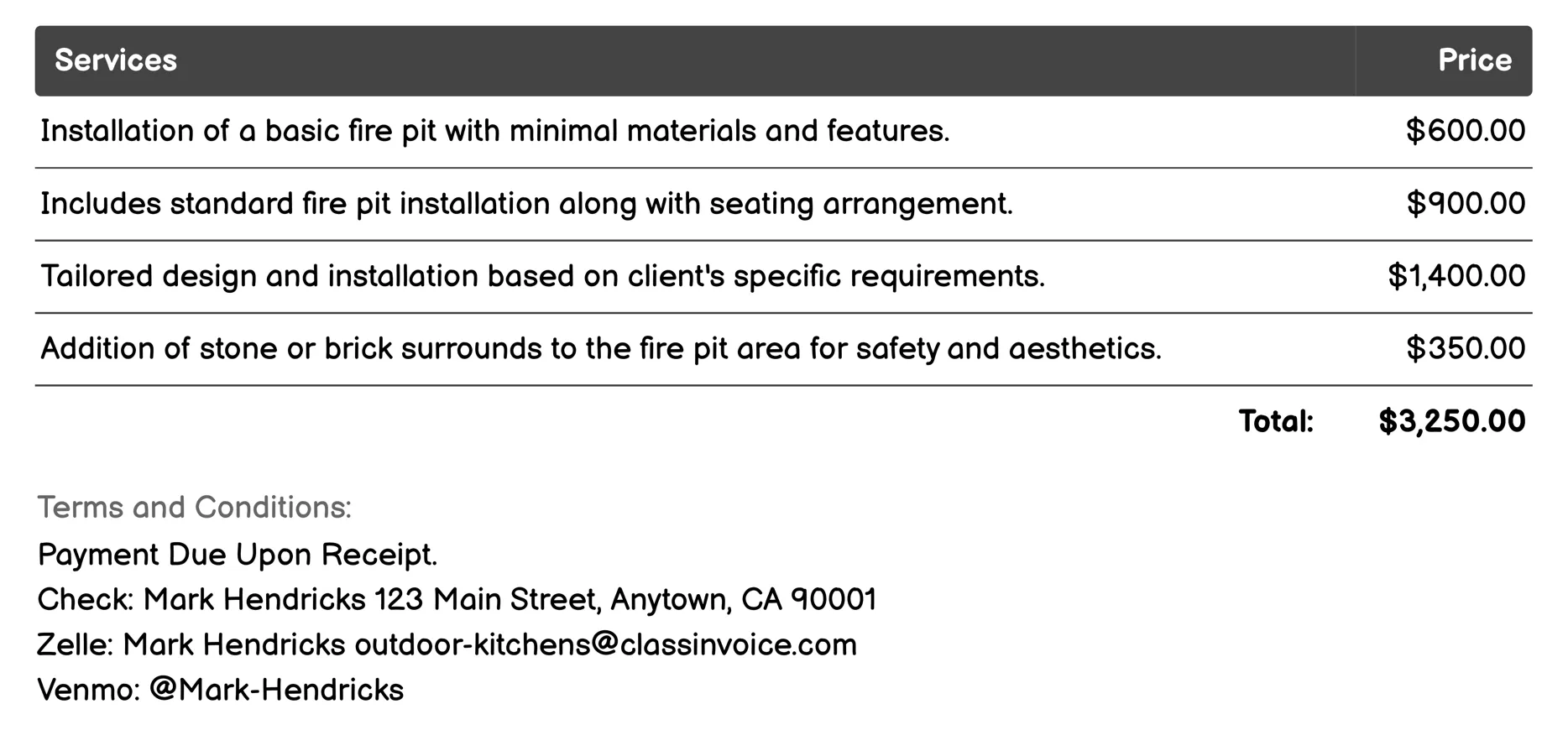 Fire Pit Installation Invoice Example