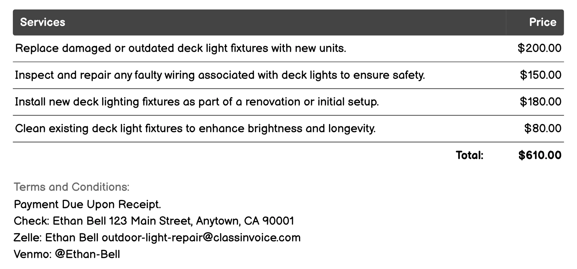 Deck Lights Invoice Example
