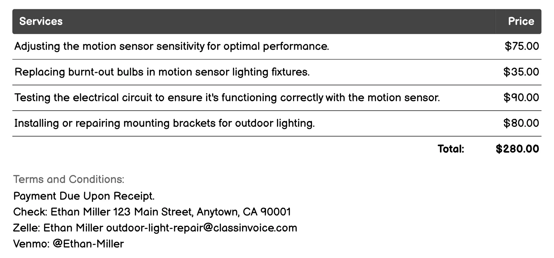 Motion Sensor Lighting Invoice Example