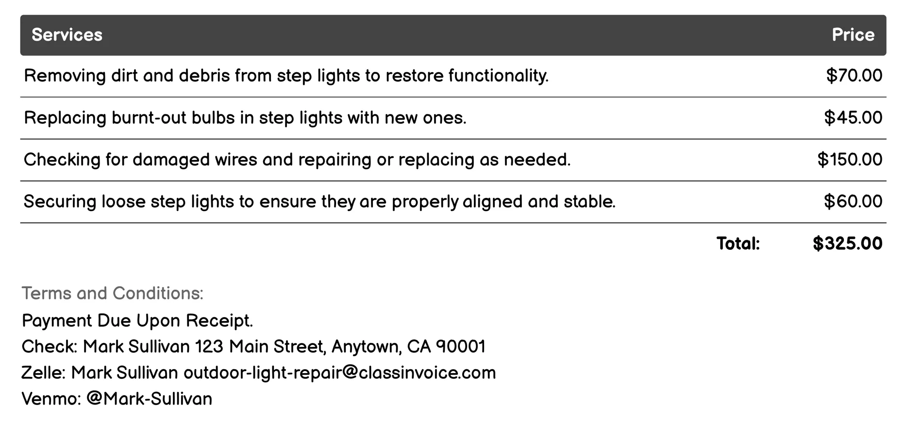 Step Lights Invoice Example