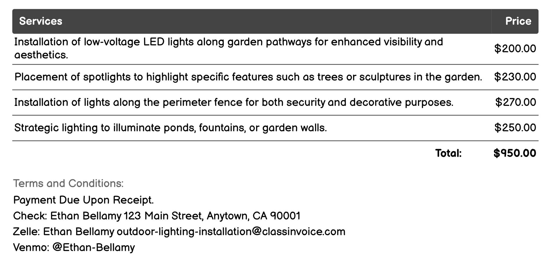 Garden Lighting Invoice Example
