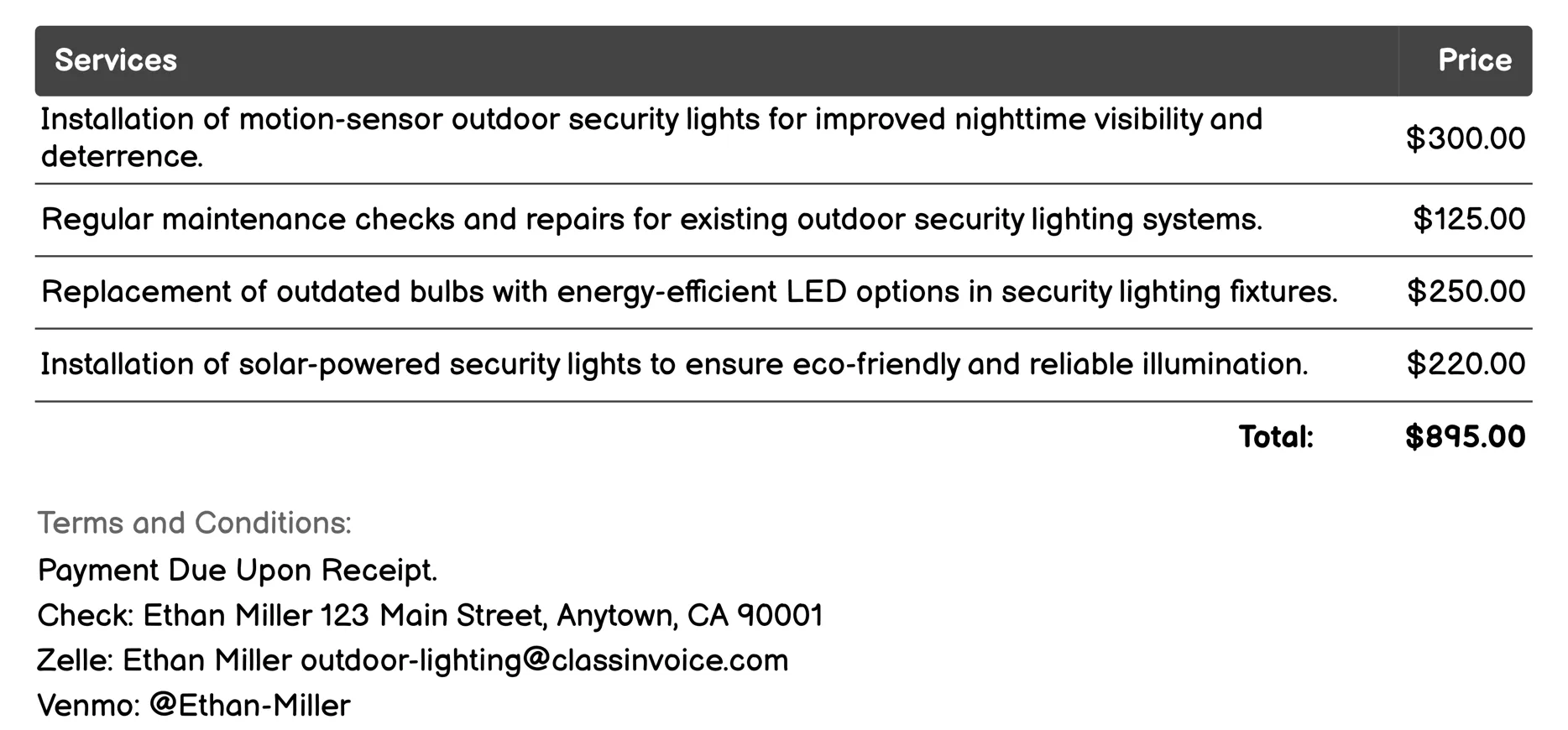 Security Lighting Invoice Example