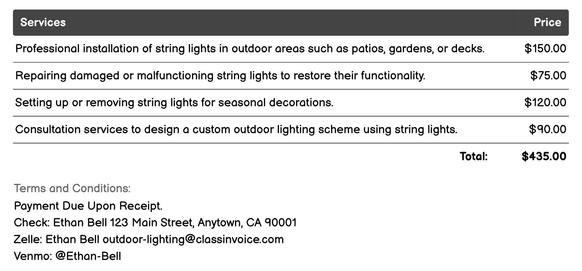 String Lights Invoice Example