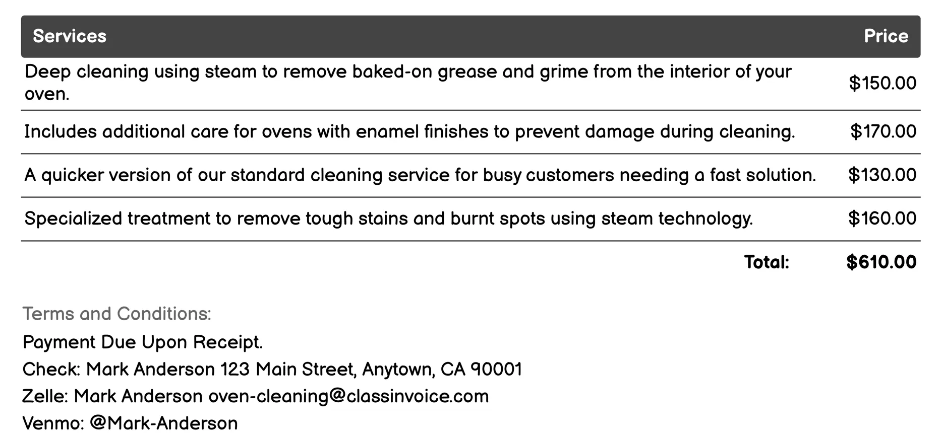 Steam Cleaning Service Invoice Example