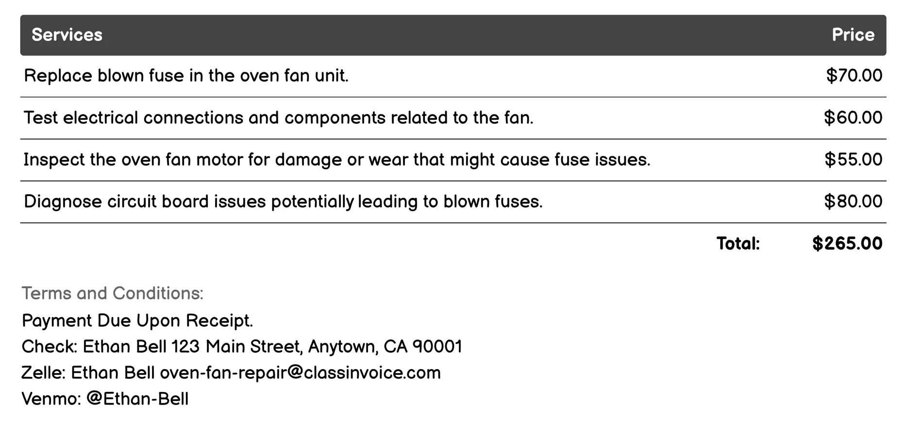 Blown Fuse Repair Invoice Example