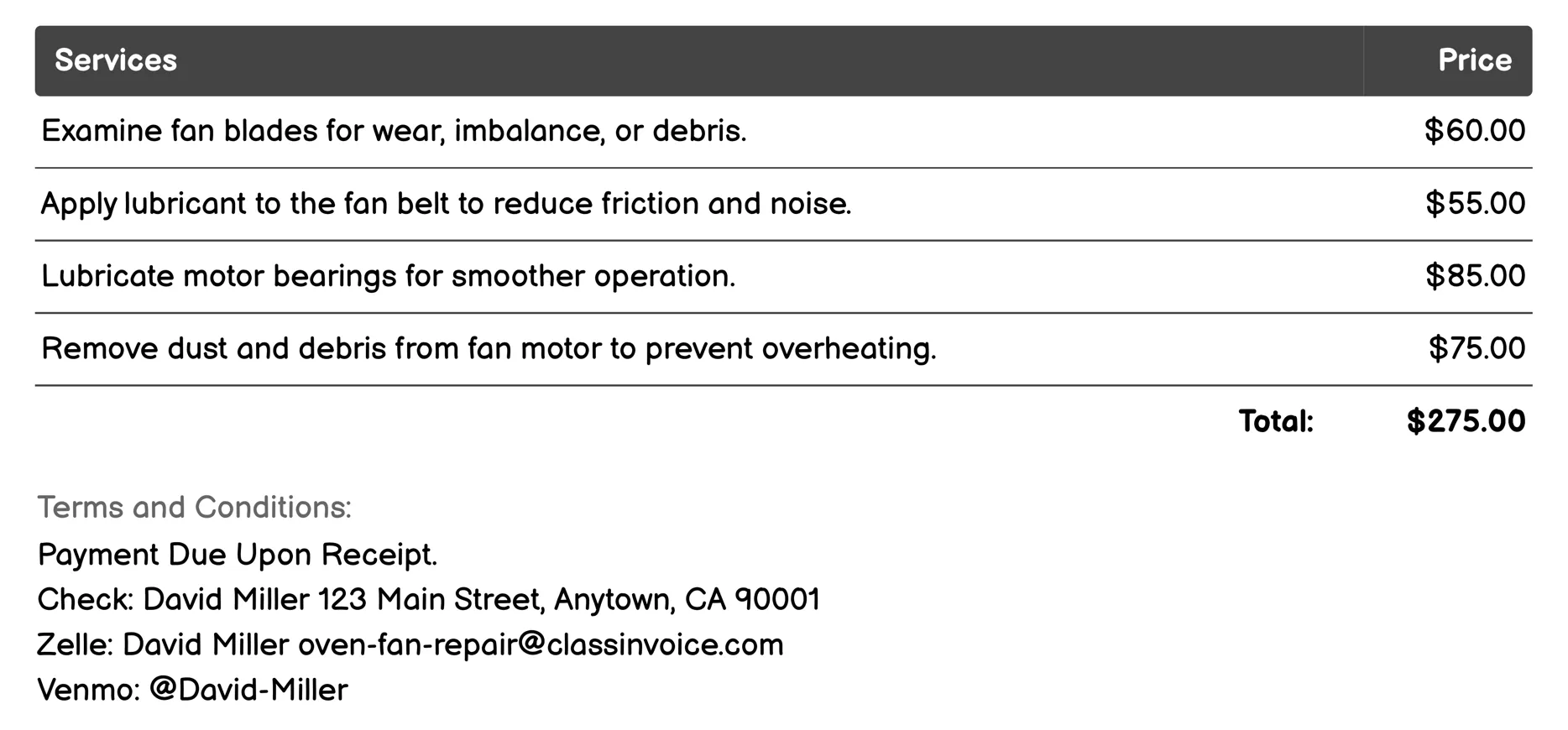 Lubrication and Maintenance Invoice Example