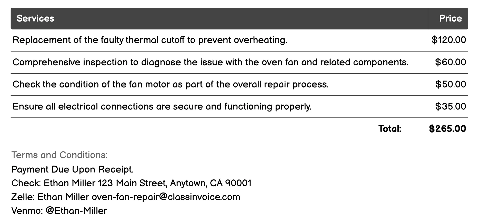 Thermal Cutoff Replacement Invoice Example