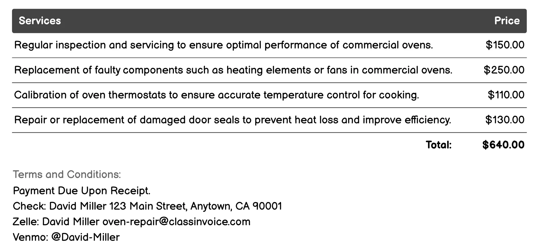 Commercial Oven Repair Invoice Example