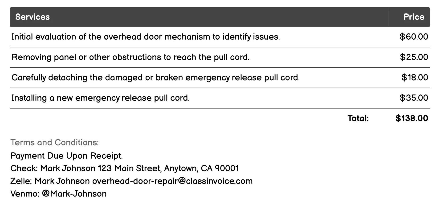 Emergency Release Pull Cord Replacement Invoice Example