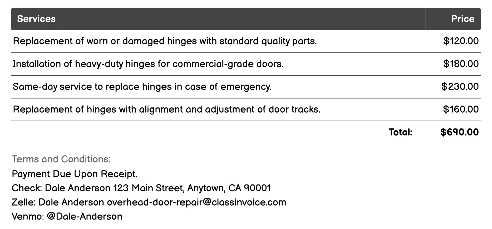 Hinge Replacement Invoice Example