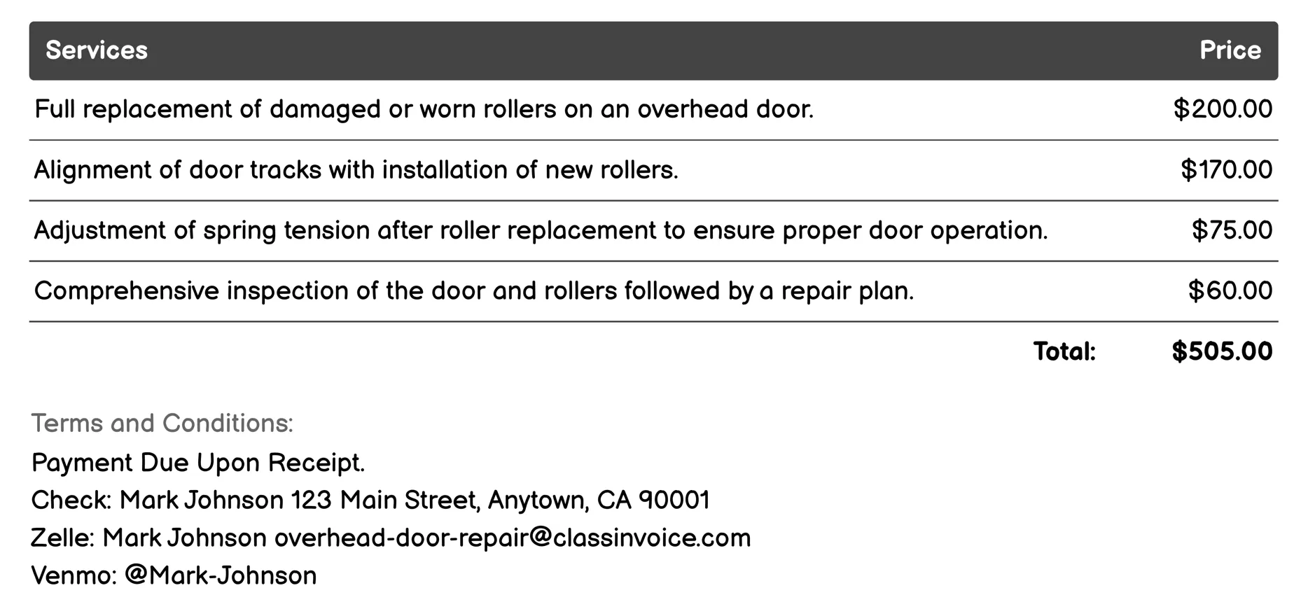 Roller Replacement Invoice Example