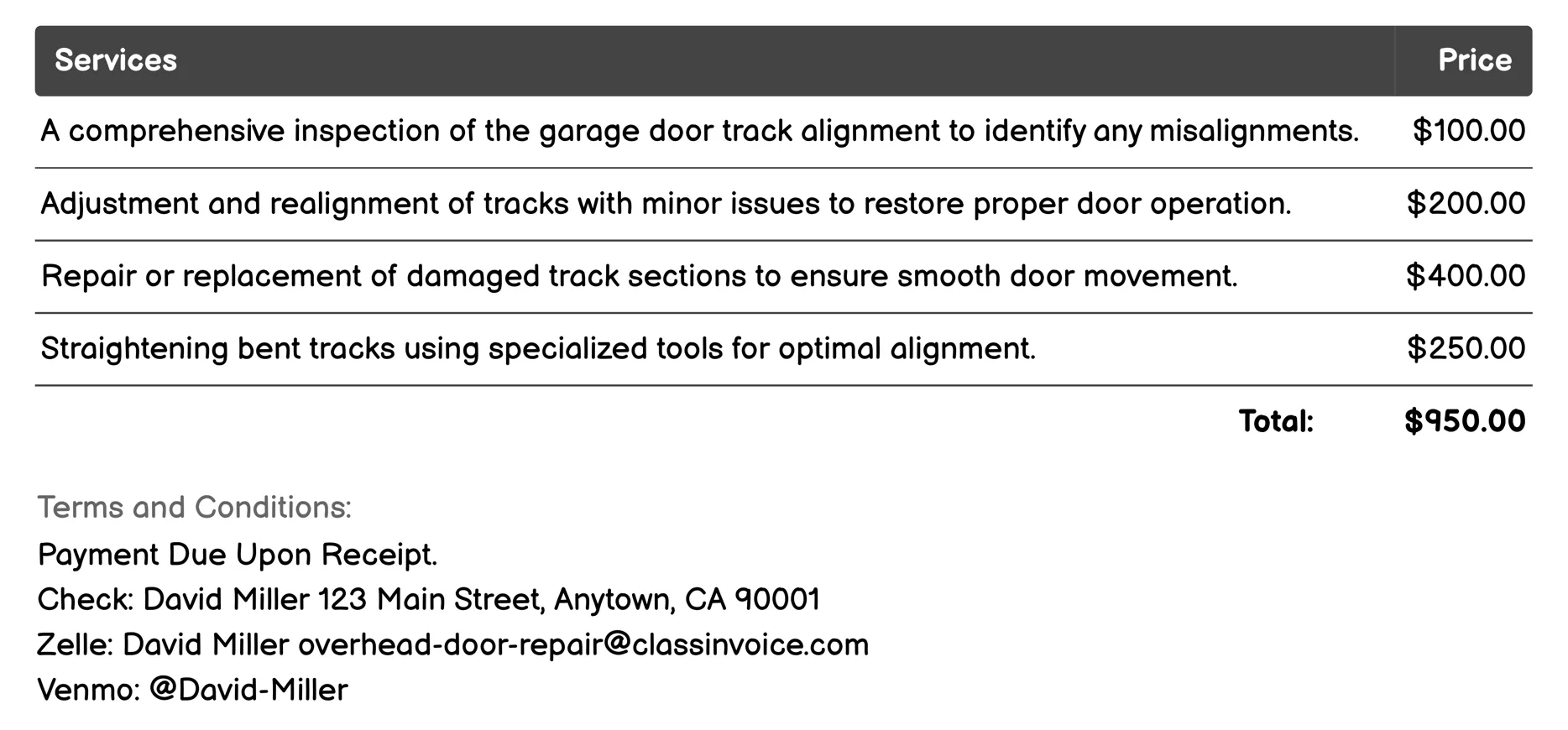Track Alignment Invoice Example