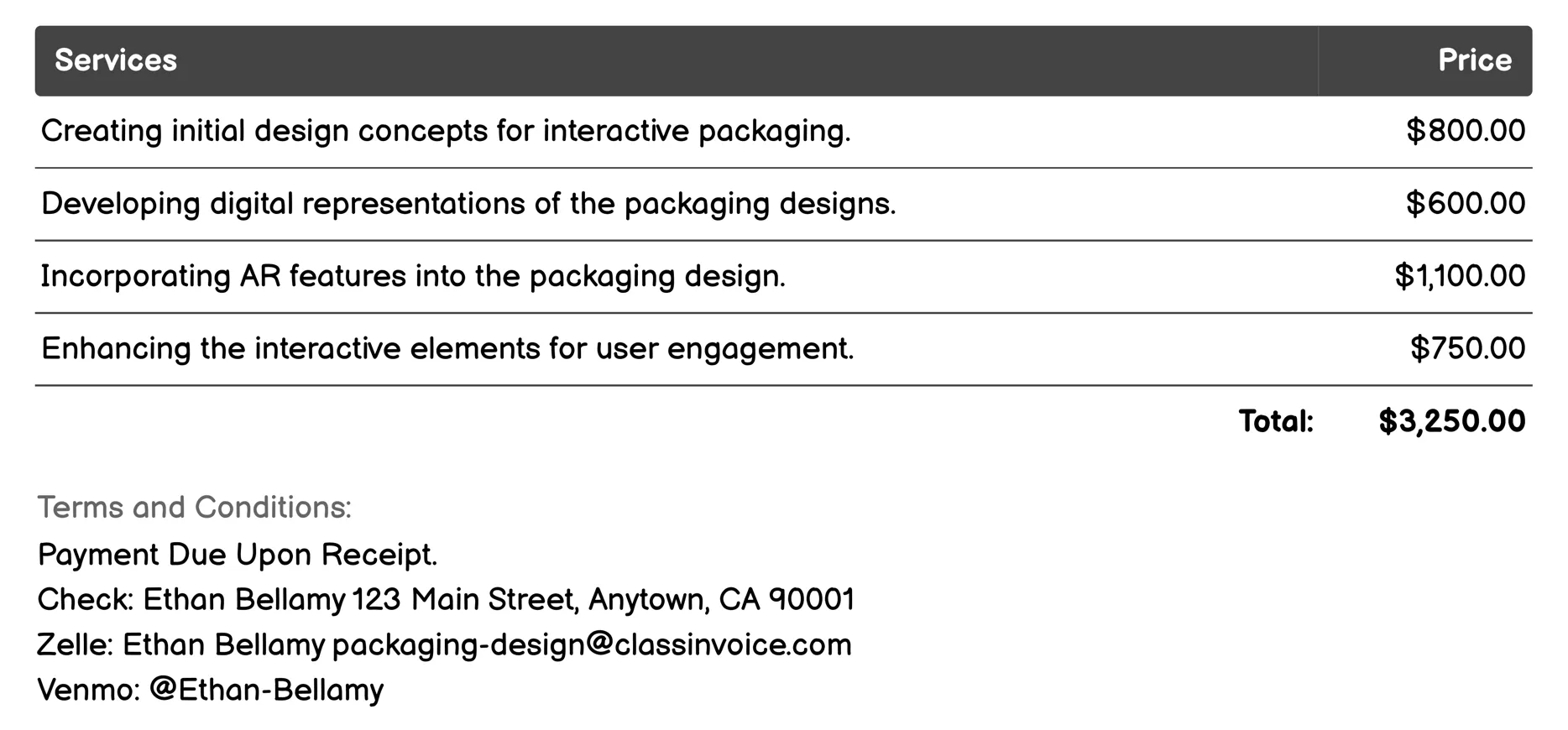 Interactive Packaging Design Invoice Example