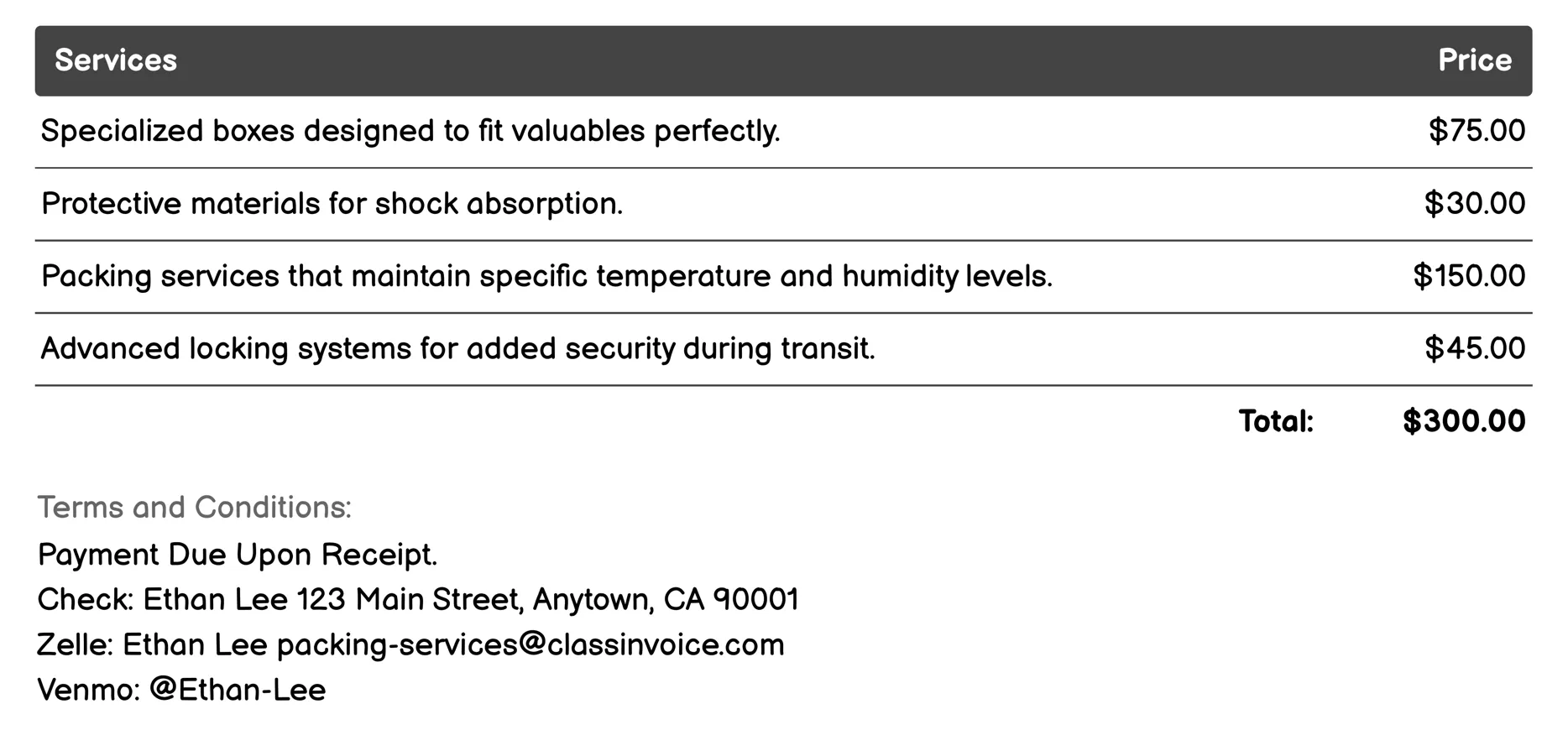 Valuables Packing Invoice Example