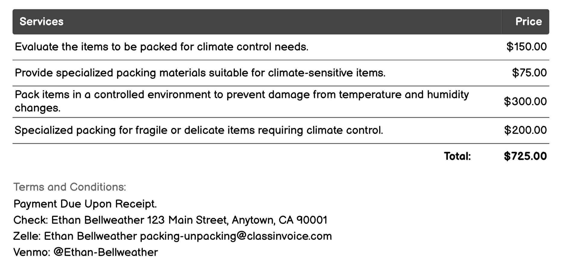 Climate-Controlled Packing Invoice Example