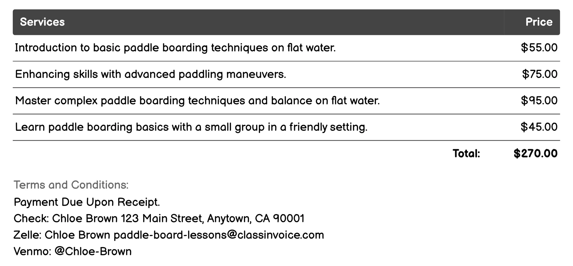 Flat Water Paddle Boarding Invoice Example