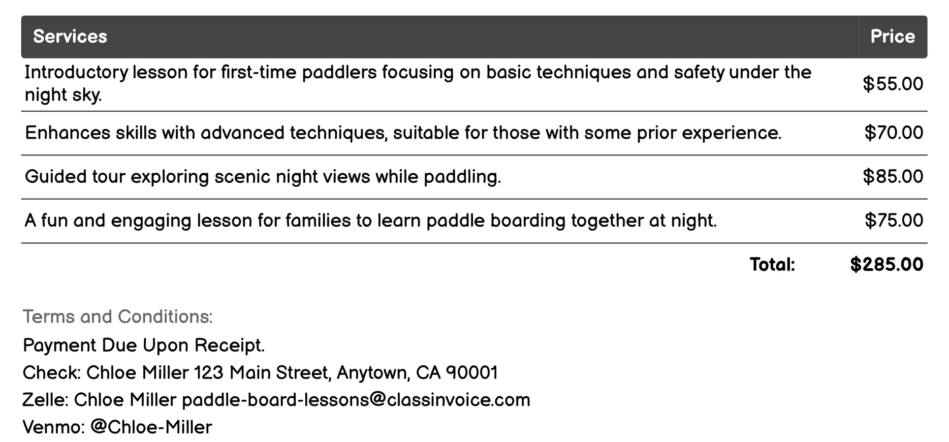 Night Paddle Boarding Lessons Invoice Example