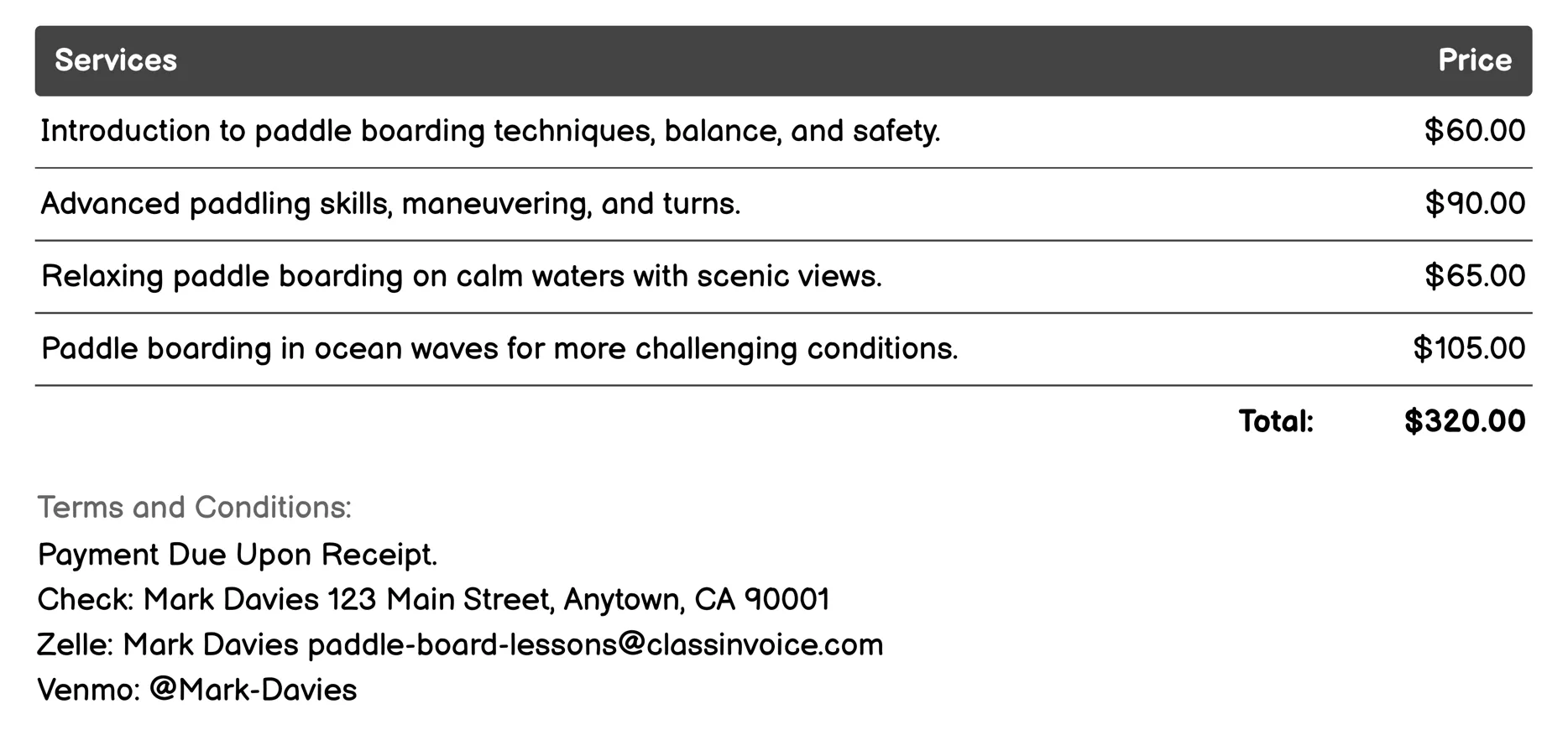 Private Paddle Boarding Instruction Invoice Example