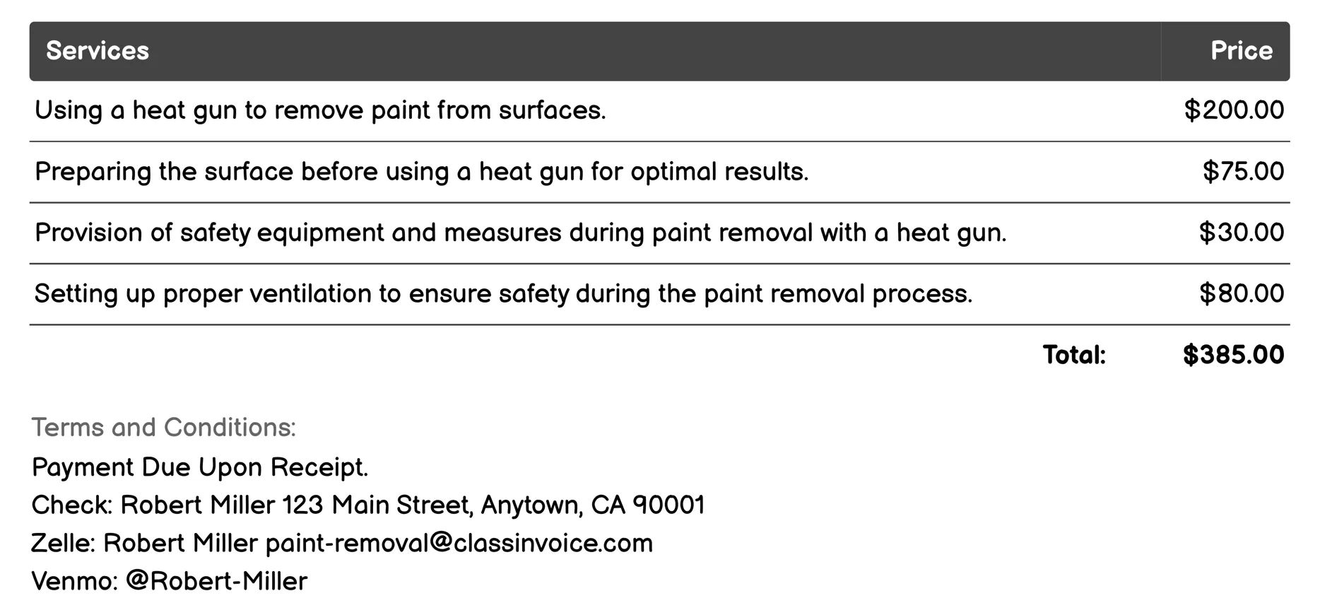 Heat Gun Removal Invoice Example