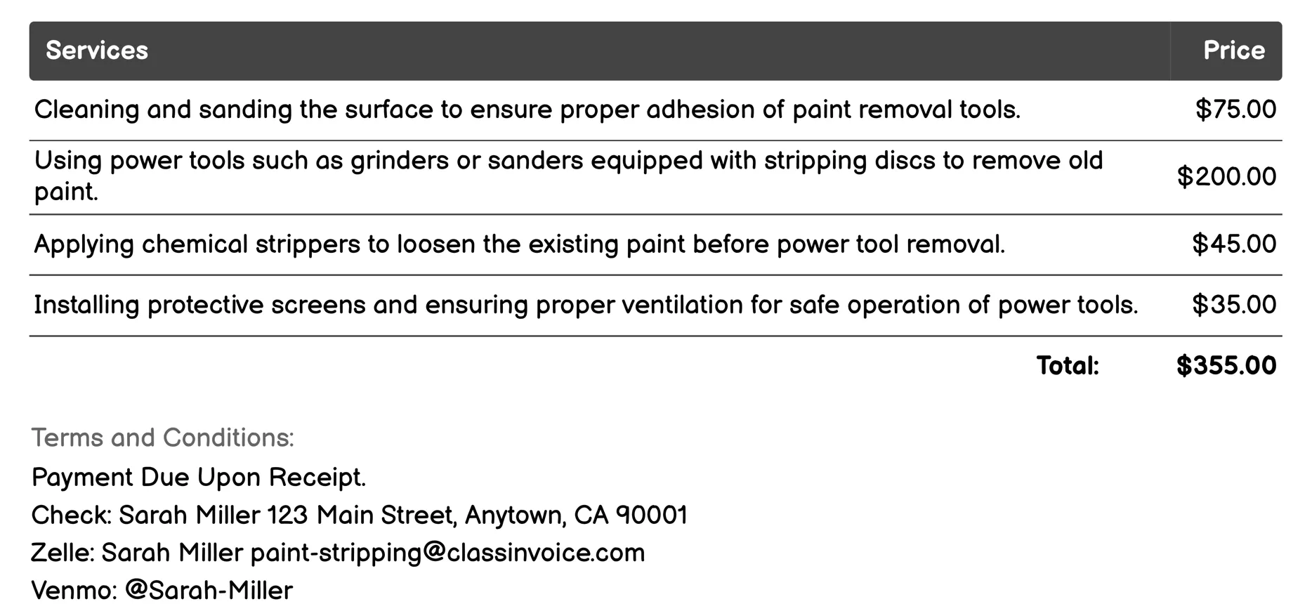 Power Tool Paint Removal Invoice Example