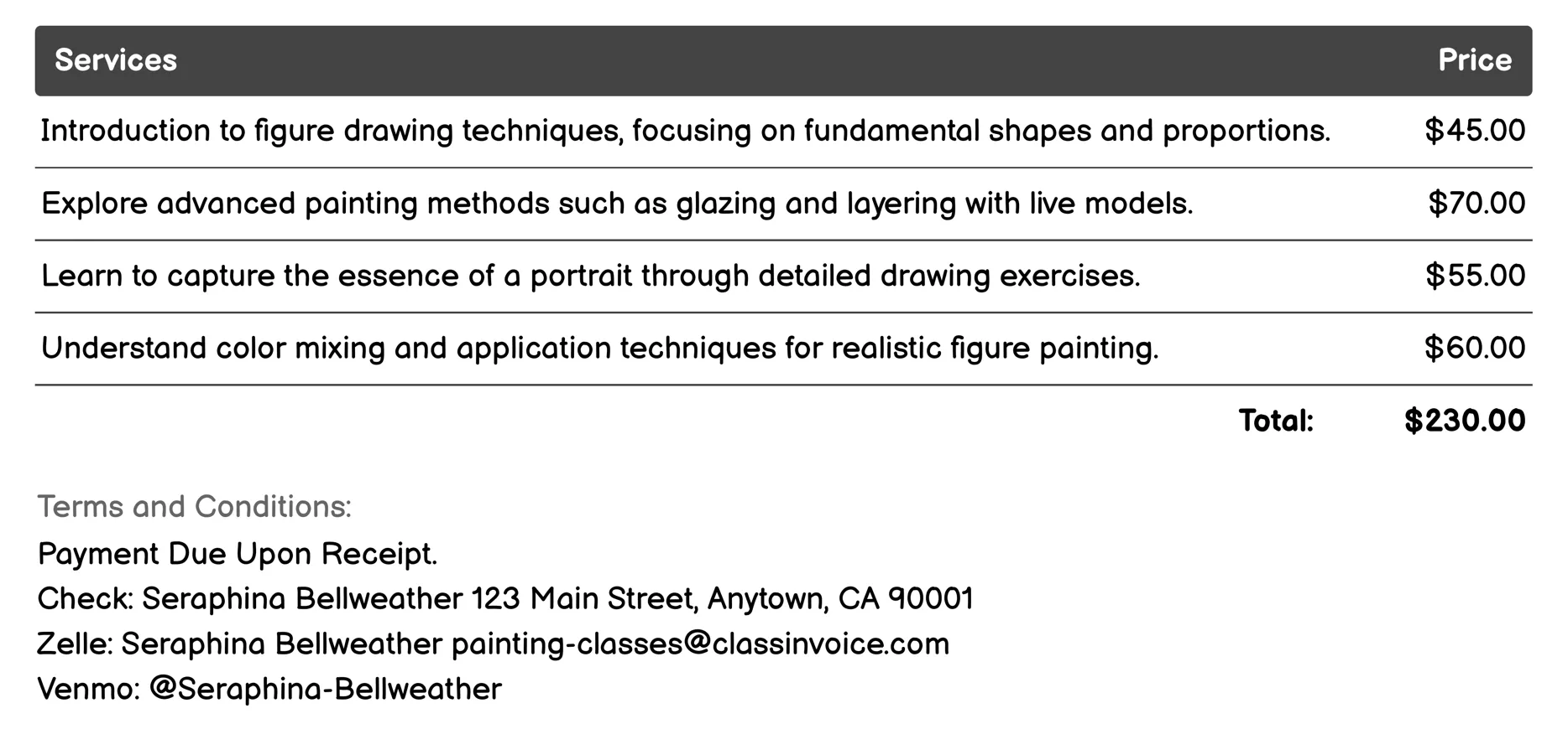 Figure Drawing and Painting Invoice Example