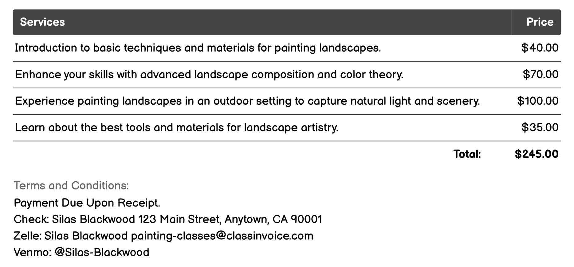 Landscape Art Invoice Example