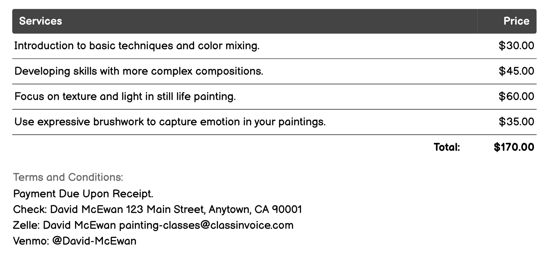 Still Life Painting Invoice Example