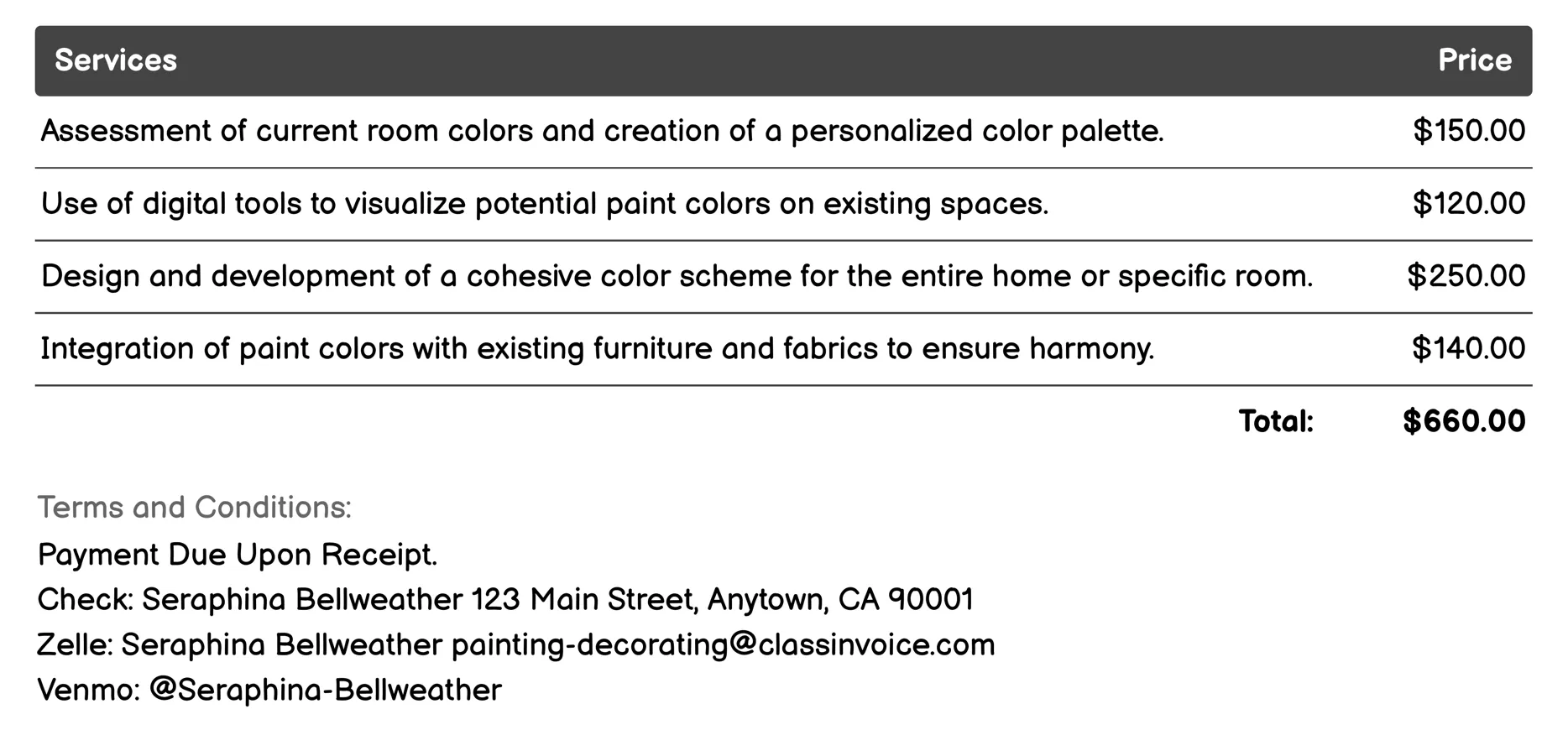 Color Consultation Invoice Example