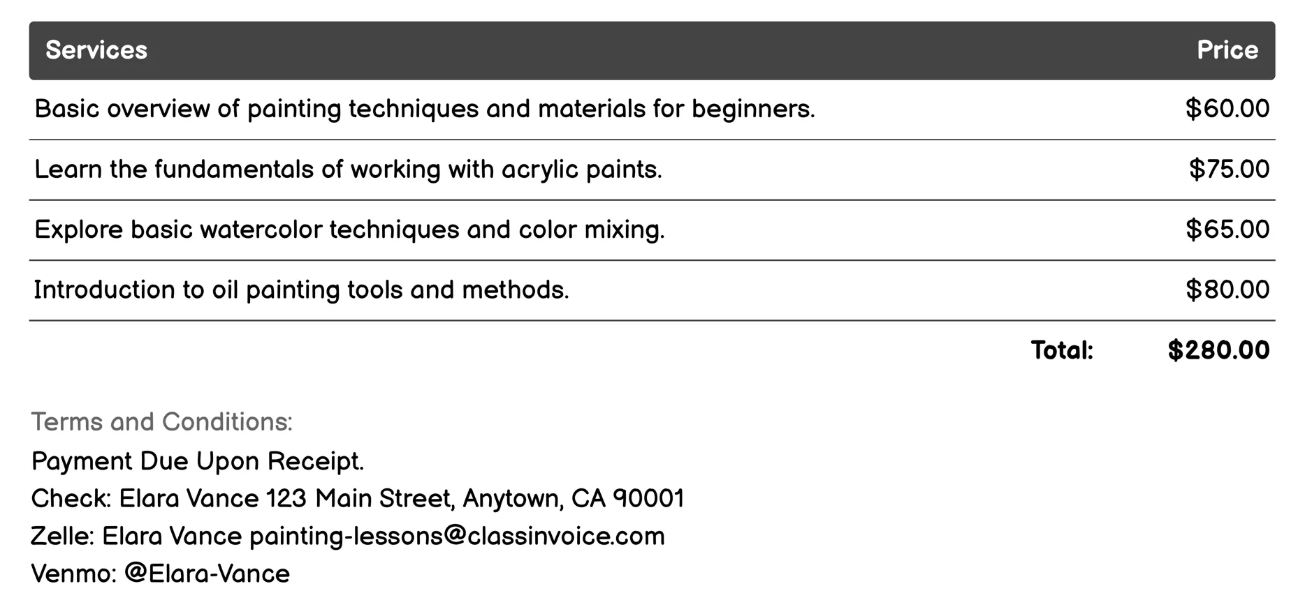 Beginner Painting Lessons Invoice Example