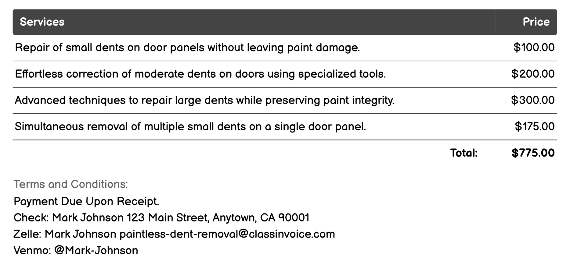 Door Dent Repair Invoice Example