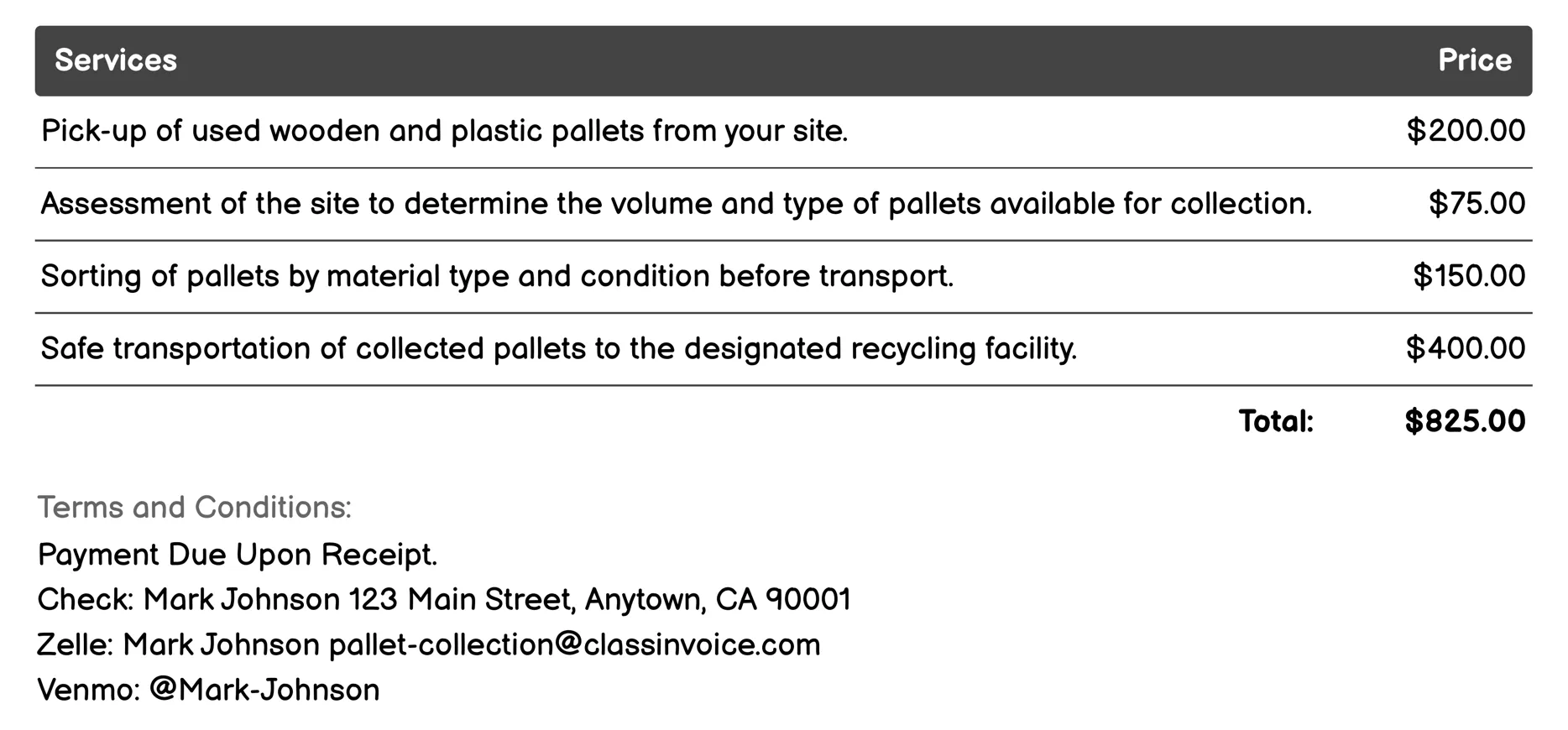 Bulk Pallet Collection Service Invoice Example