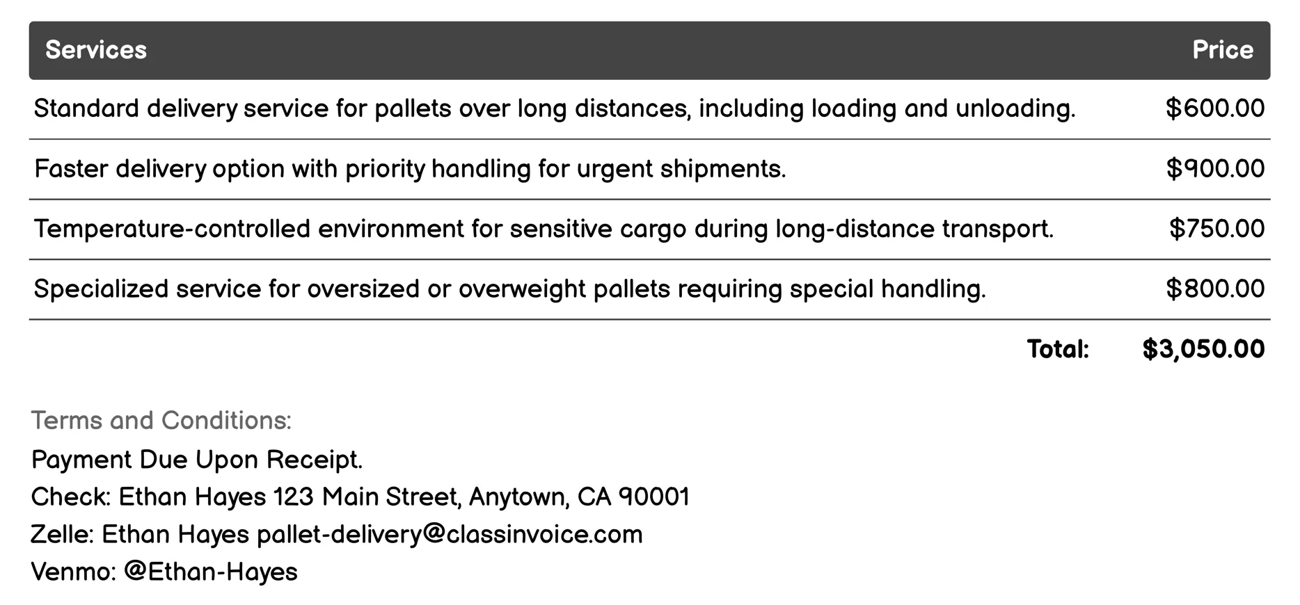 Long-Distance Pallet Delivery Invoice Example