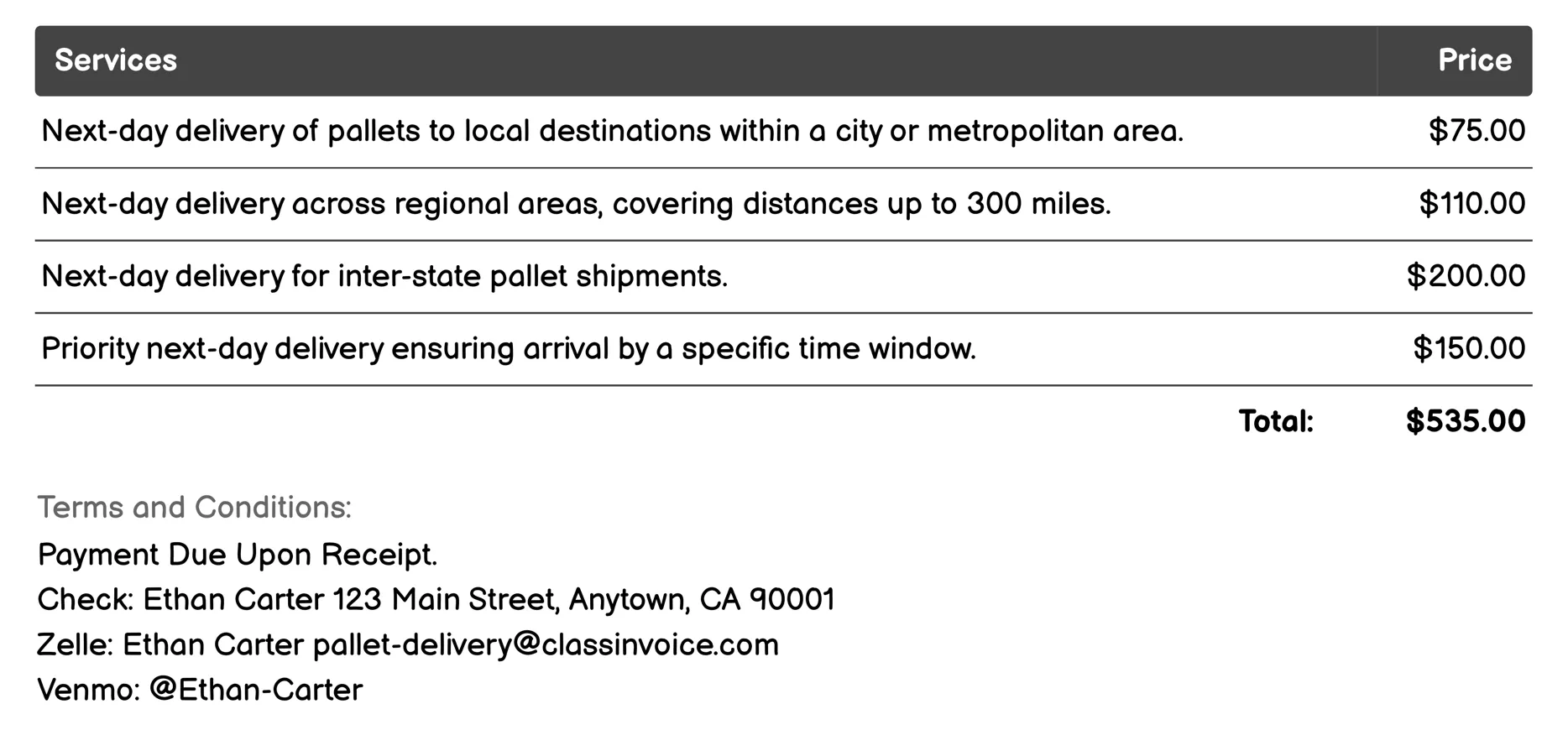 Next-Day Pallet Delivery Invoice Example