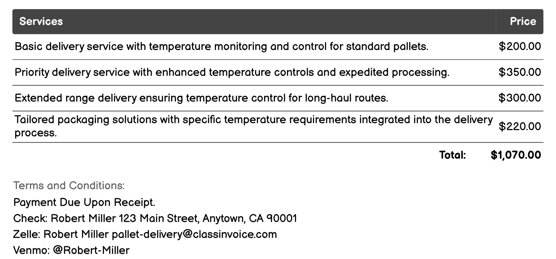 Temperature-Controlled Pallet Delivery Invoice Example