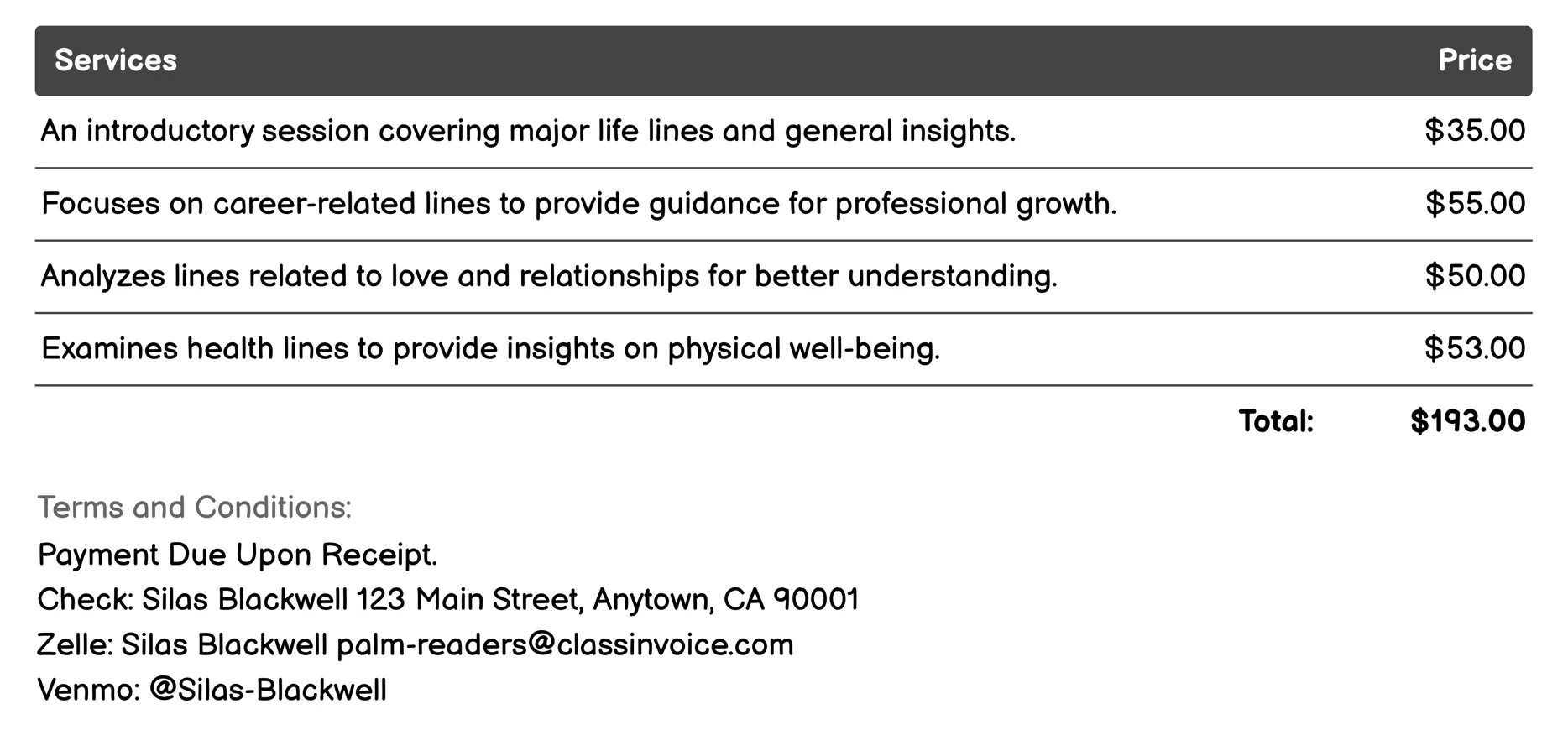 Hand Reading Invoice Example
