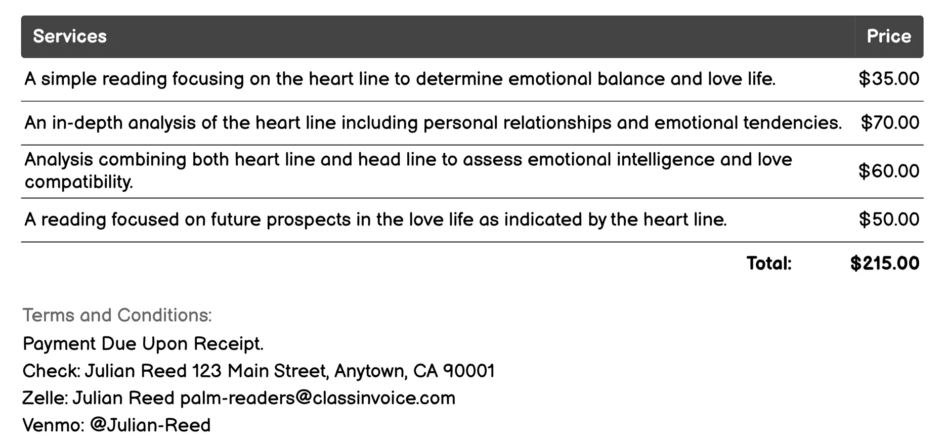Heart Line Reading Invoice Example