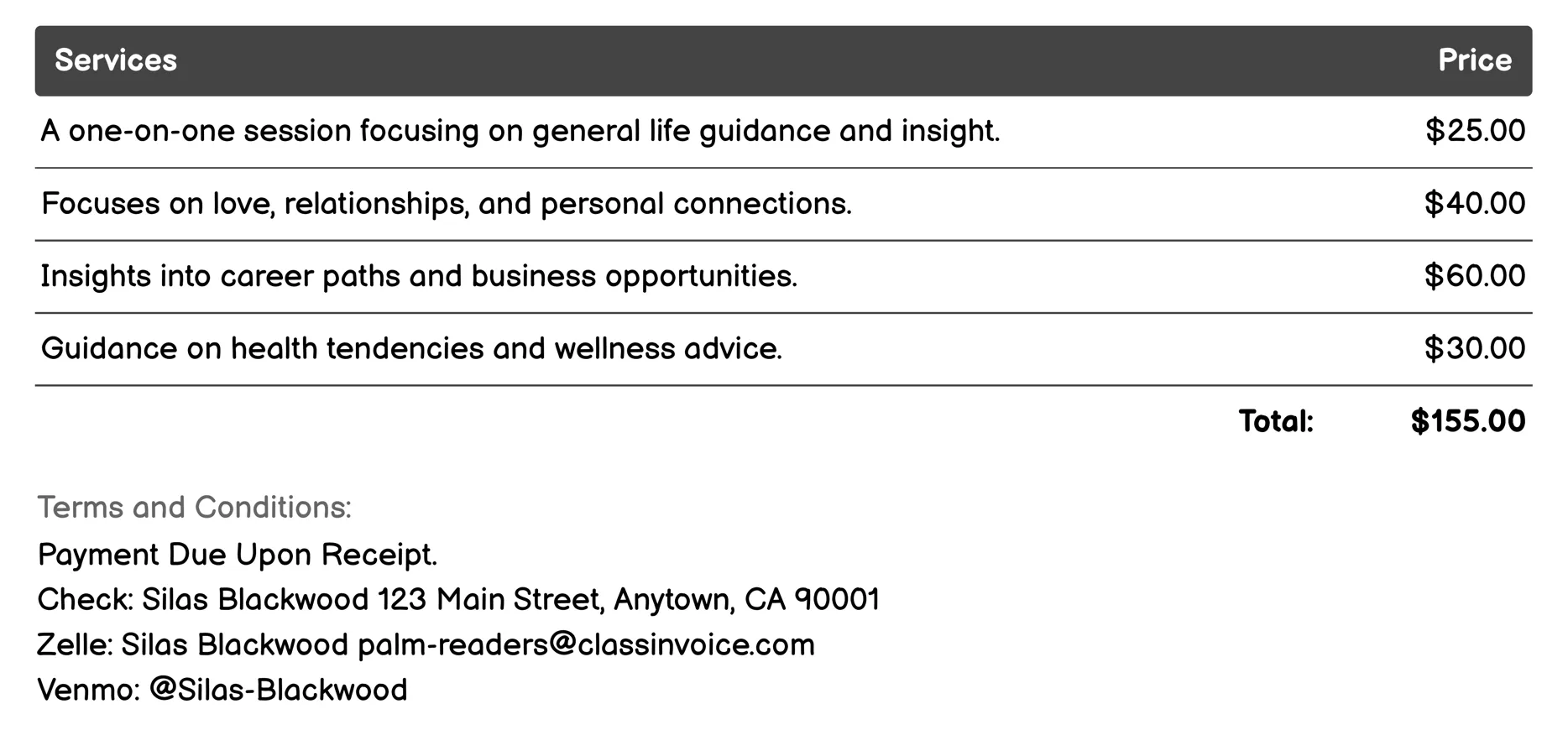 Palmistry Invoice Example