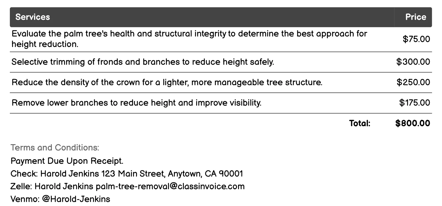 Height Reduction Invoice Example