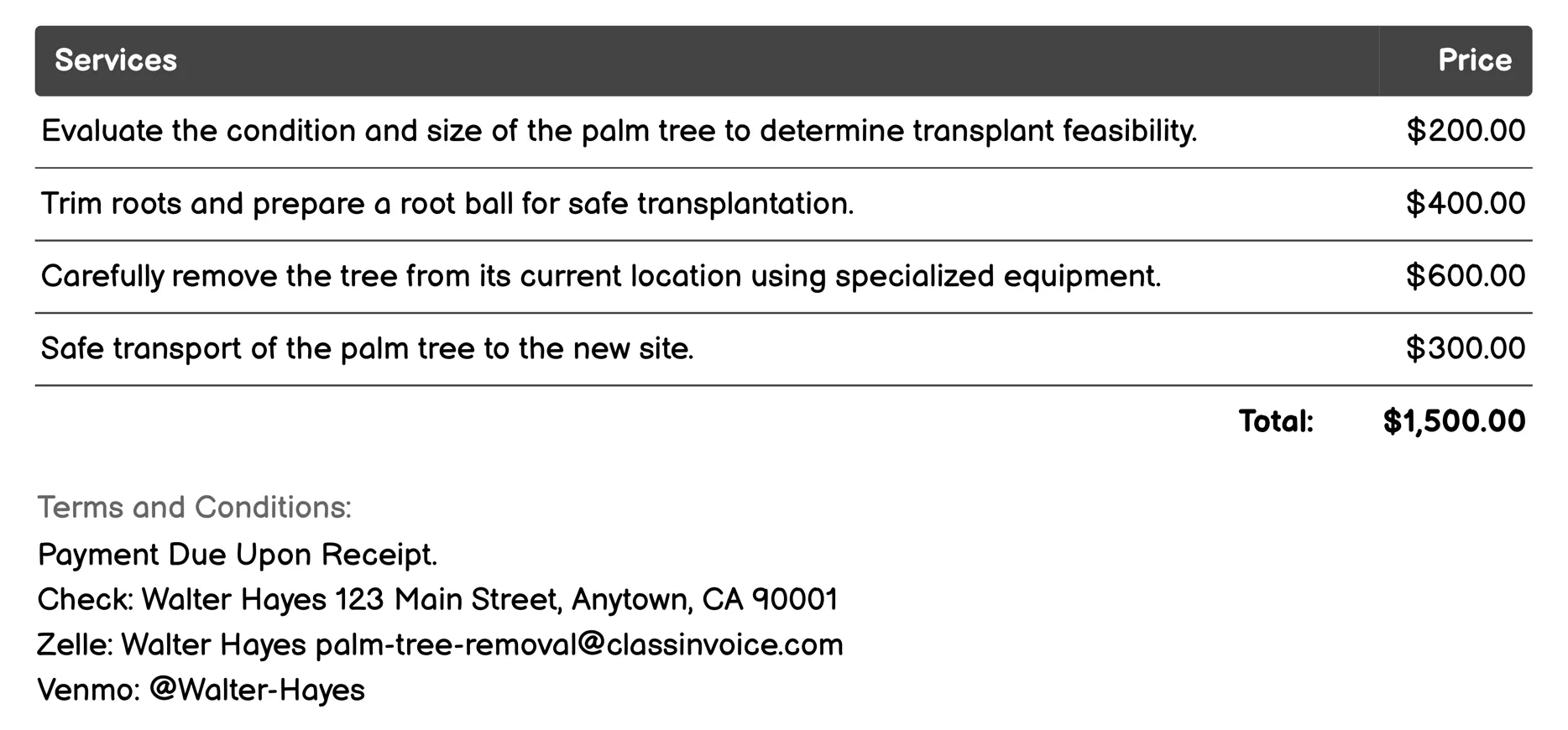 Palm Tree Transplanting Invoice Example