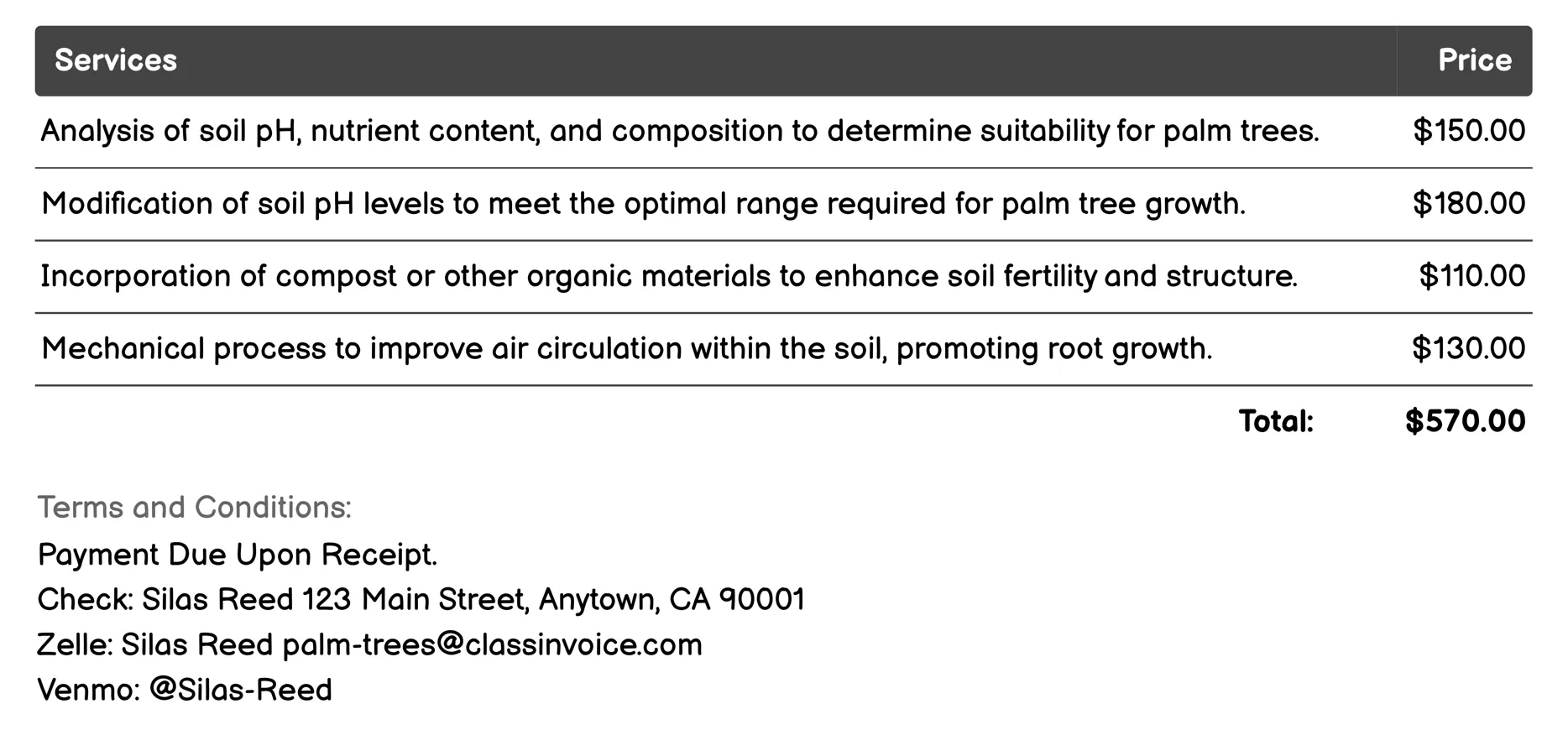 Soil Preparation and Conditioning Invoice Example
