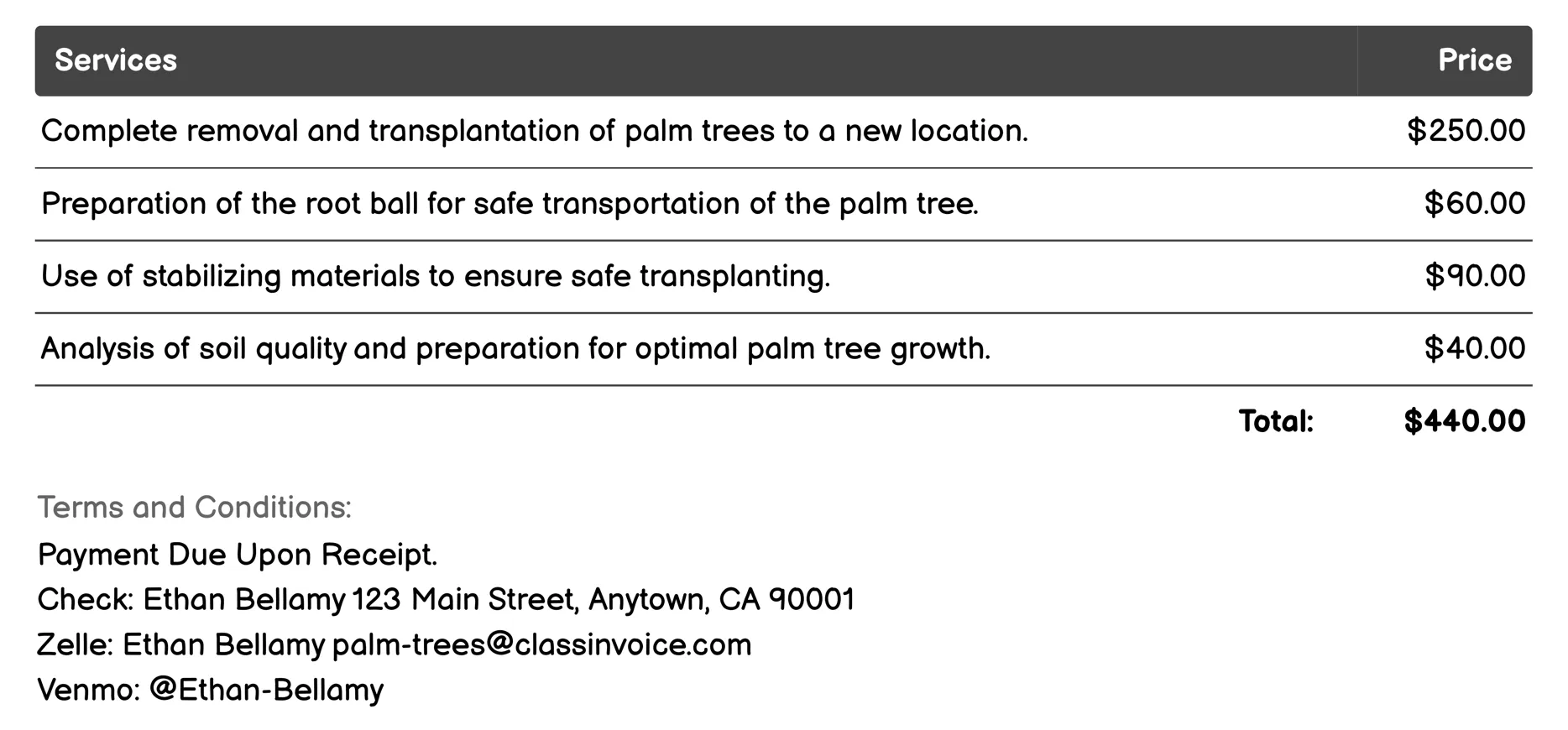 Transplantation Assistance Invoice Example