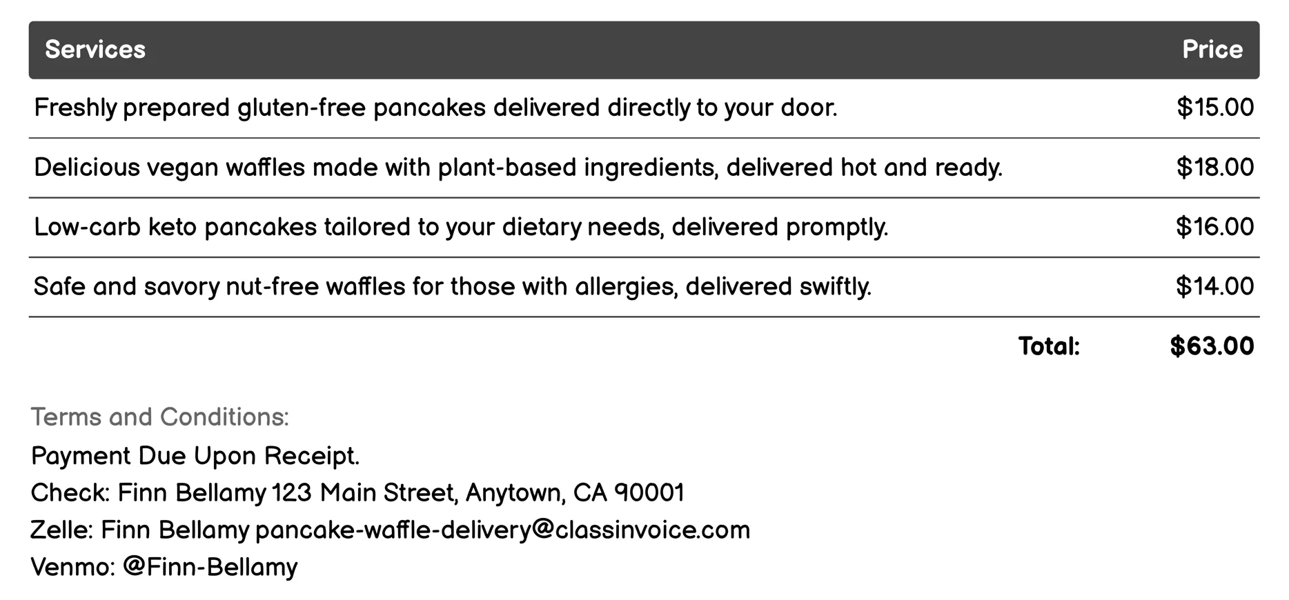 Dietary-Specific Delivery Invoice Example
