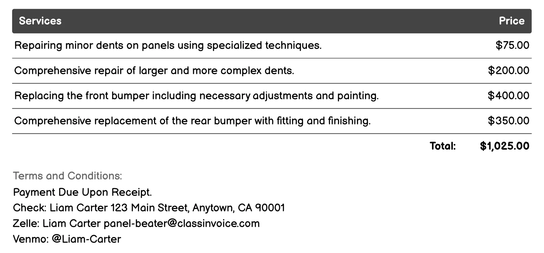 Denting and Bumper Replacement Invoice Example