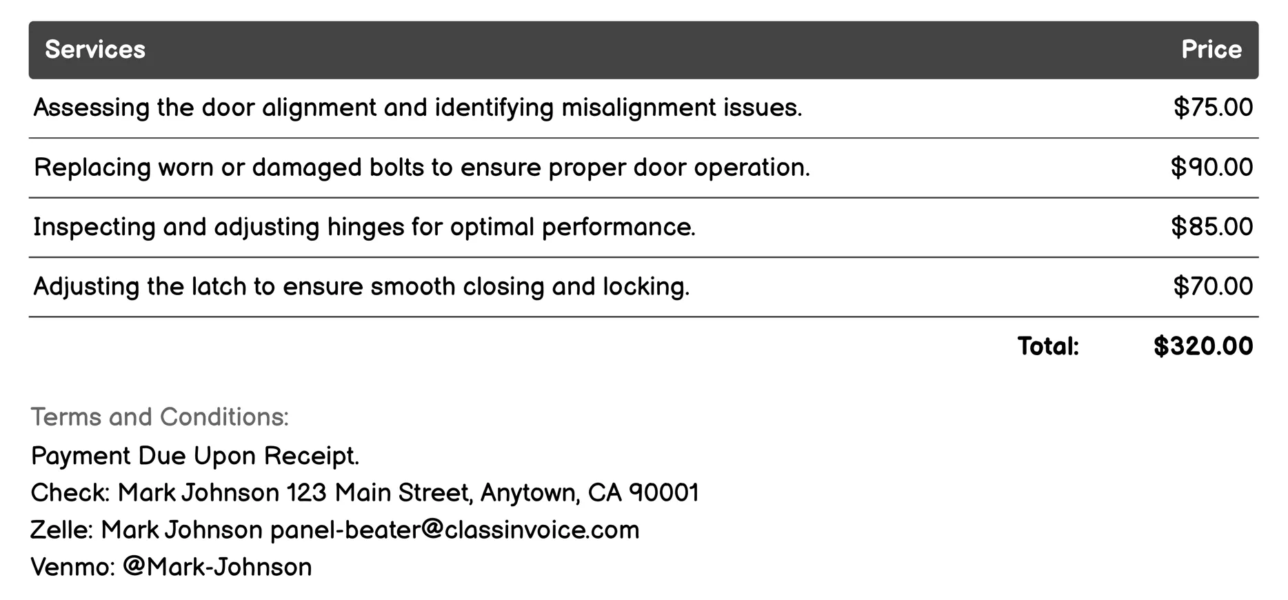 Door Realignment Invoice Example