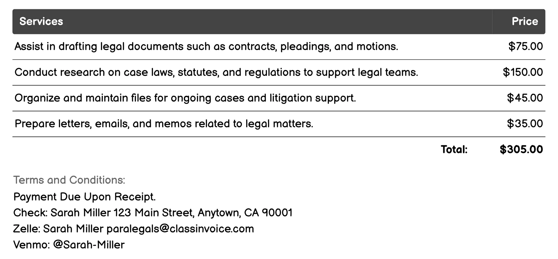 Administrative Support Invoice Example