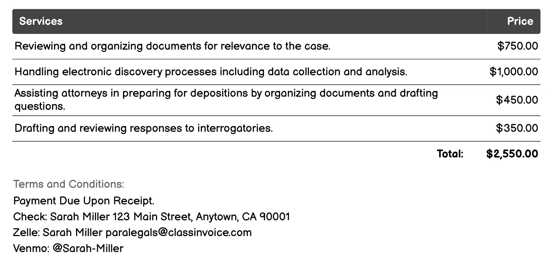 Discovery Assistance Invoice Example