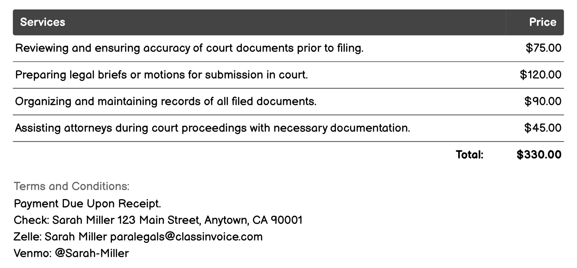 Filing of Court Documents Invoice Example