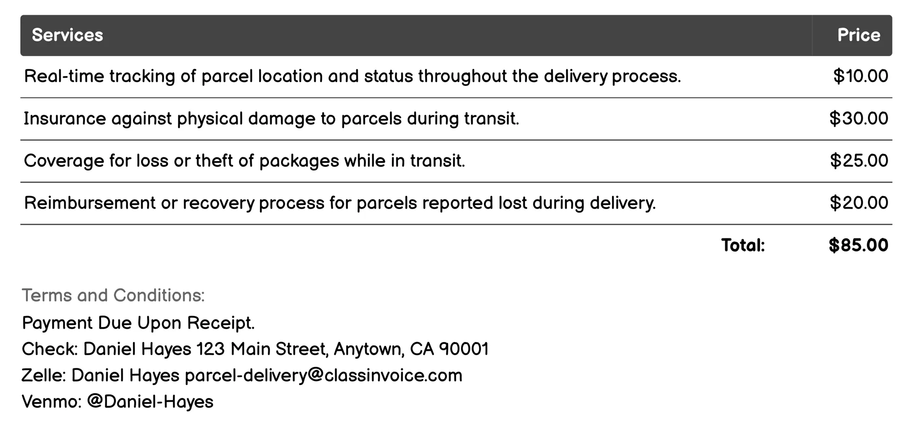 Insurance Coverage Invoice Example