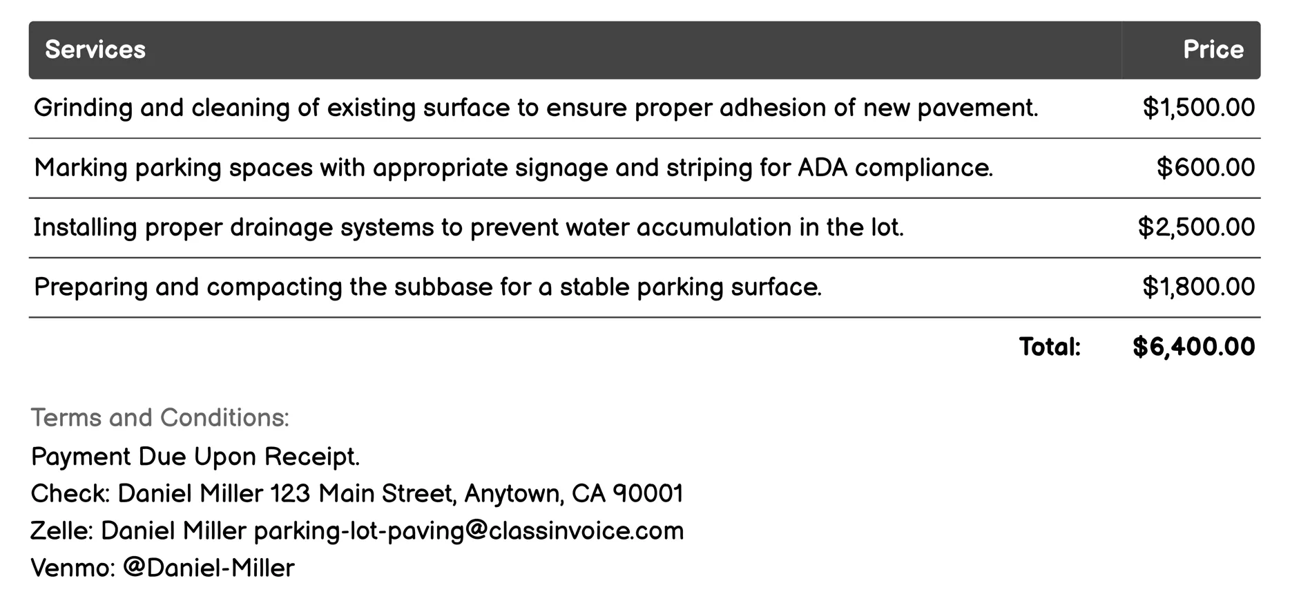 ADA Compliant Parking Invoice Example